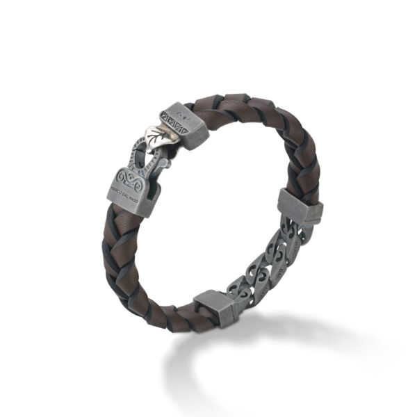 FLAMING TONGUE OXIDIZED SILVER BROWN LEATHER BRACELET