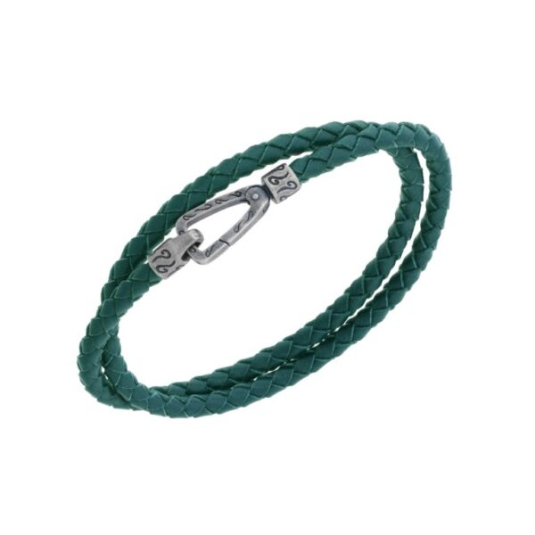 LASH DOUBLE WRAP WOVEN GREEN LEATHER OXIDIZED SILVER BRACELET