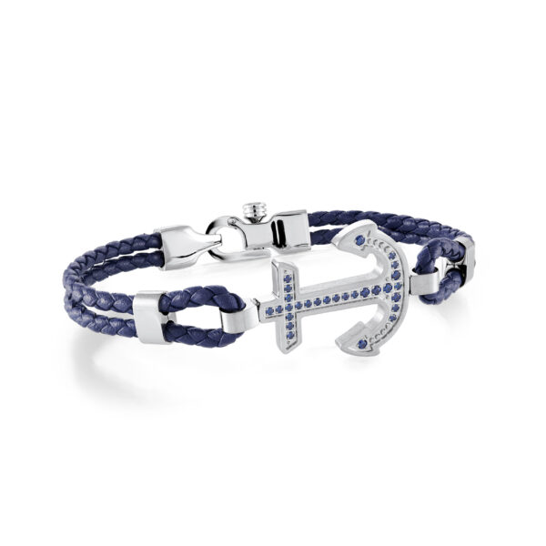 Navy Blue CZ Anchor Leather Bracelet