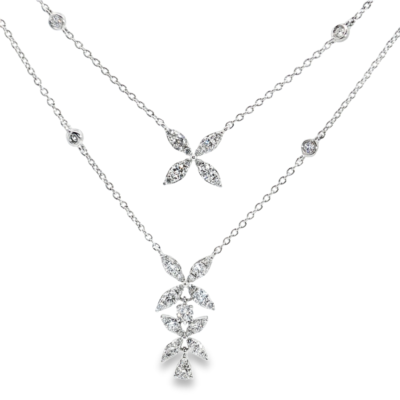 18KT White Gold Diamond Floral Drop Adjustable Necklace