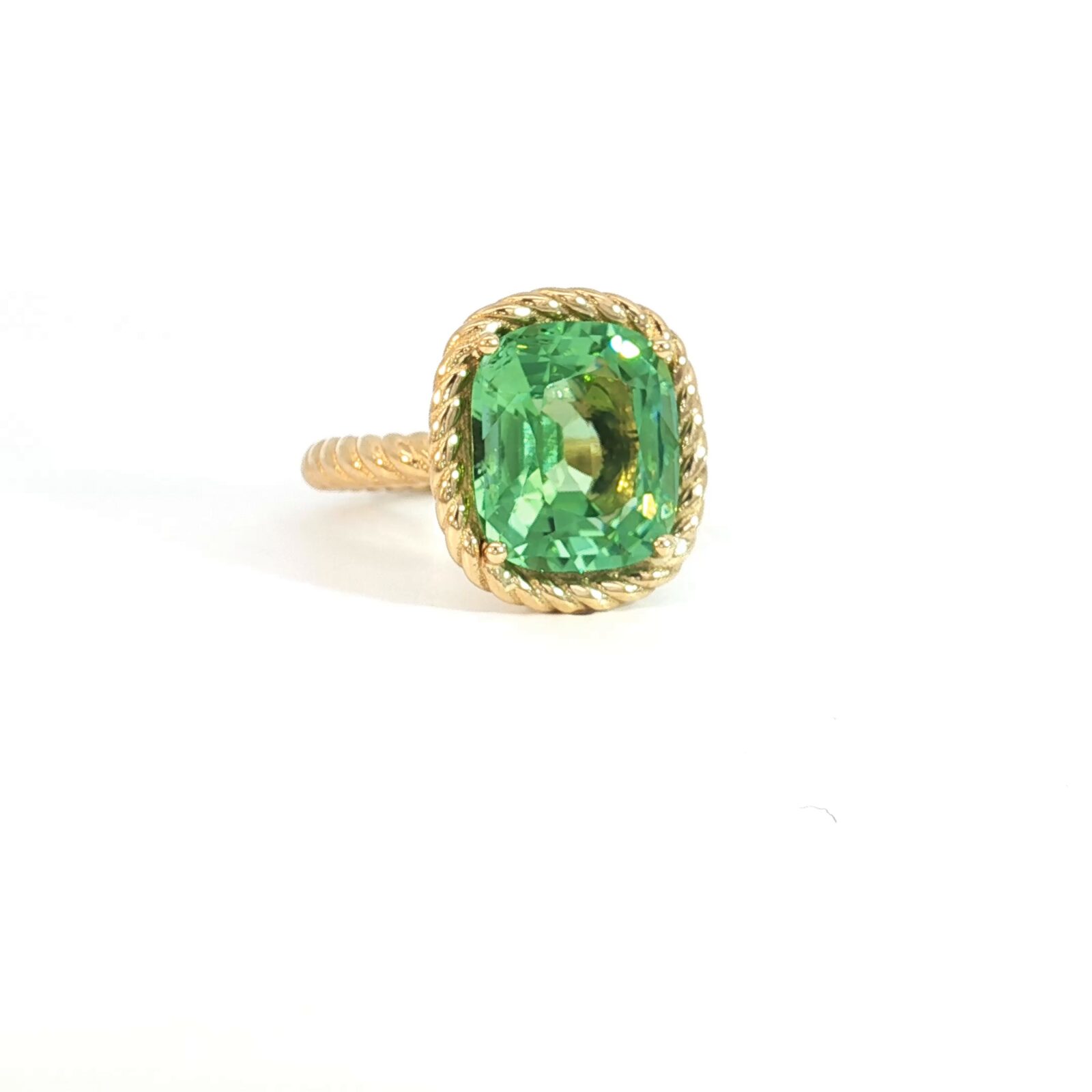GIA Cushion Cut Green Tourmaline Rope Custom 18kt Yellow Gold Solitaire Ring